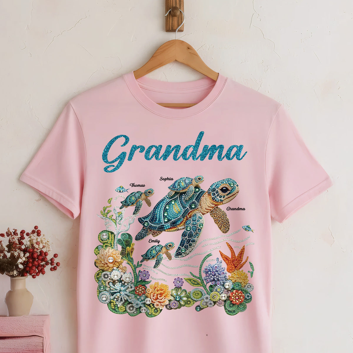 Mom Grandma Sea Turtle Rhinestones Style 2D Printed - Personalized Shirt - Mother's Day Gift For Mom Grandma