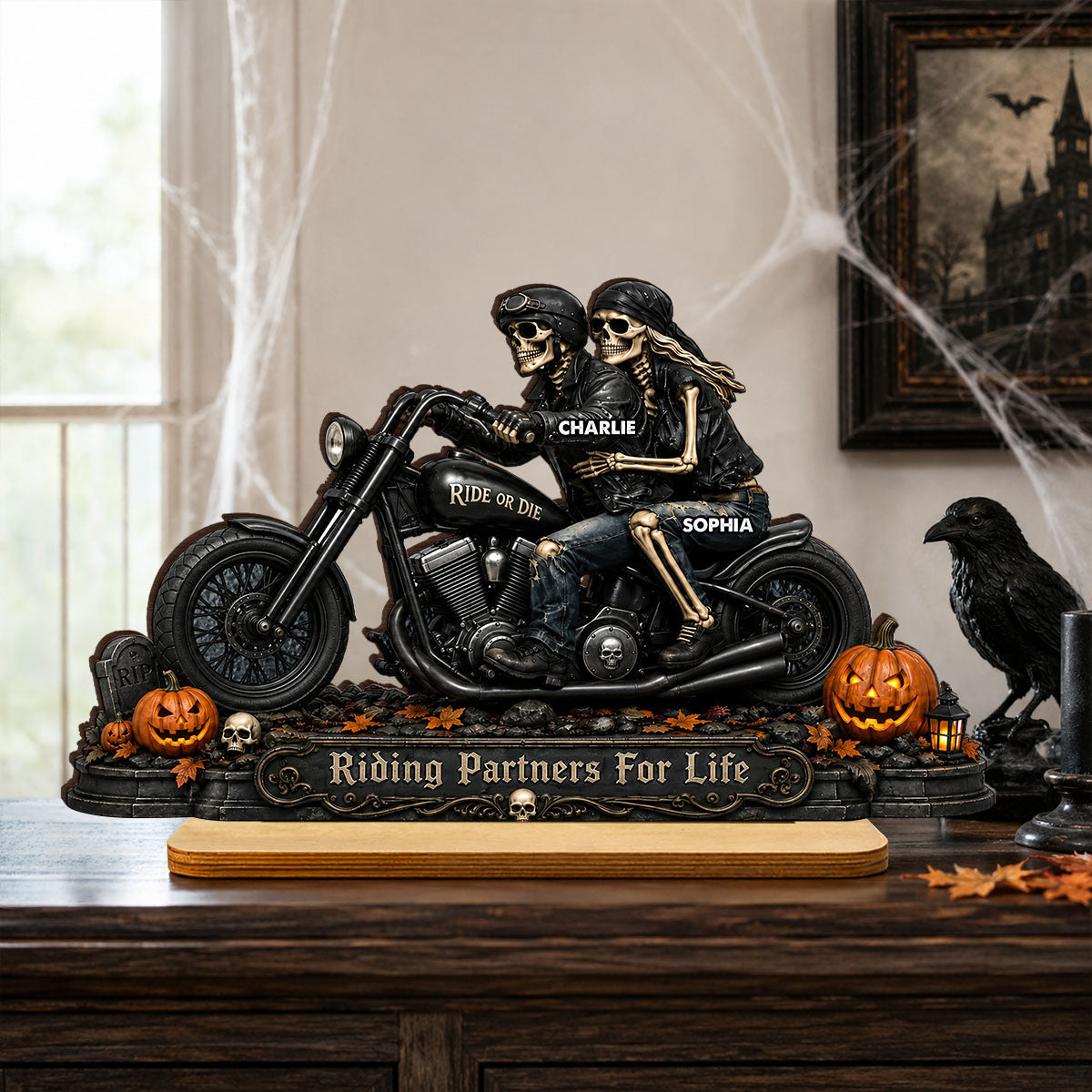Riding Partners For Life Skeleton Couple - Personalized 2-Layered Wooden Plaque - Halloween Decor Gift, Gift For Couple