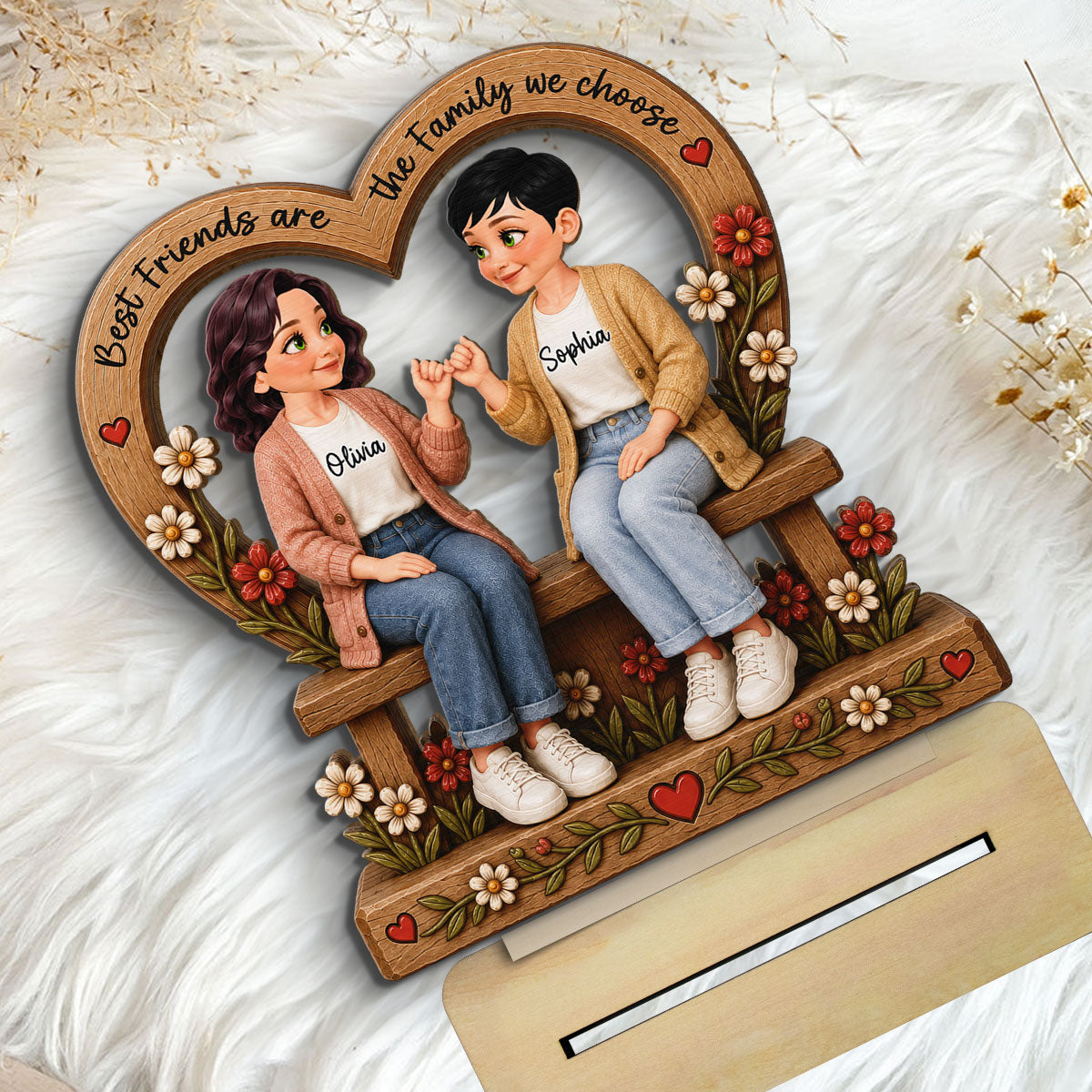 Best Friends Are The Family We Choose Pinky Promise Besties Sitting 2D Flat - Personalized 2-Layered Wooden Plaque - Birthday Gift, Friendship Gift for Best Friends