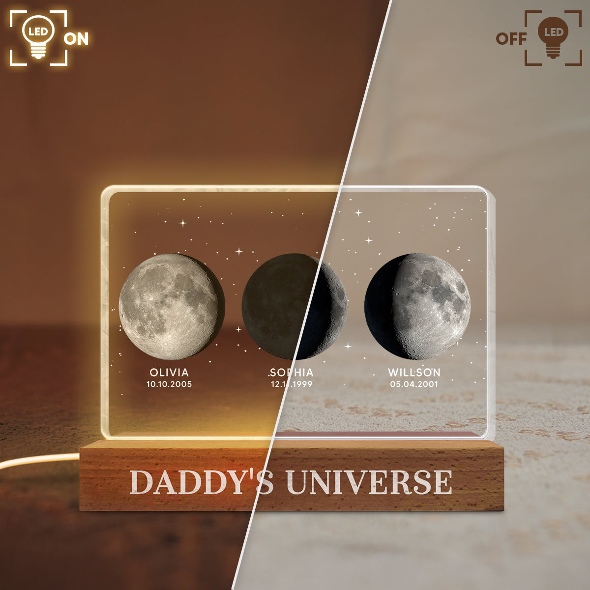 Daddy's Universe Custom Moon Phase by Date - Personalized Acrylic Block LED Night Light - Father's Day Gift for Dad, Husband