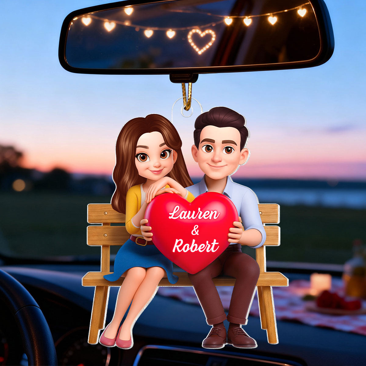 3D Couple with Red Heart - Personalized Car Hanger - Gift for Her, for Him
