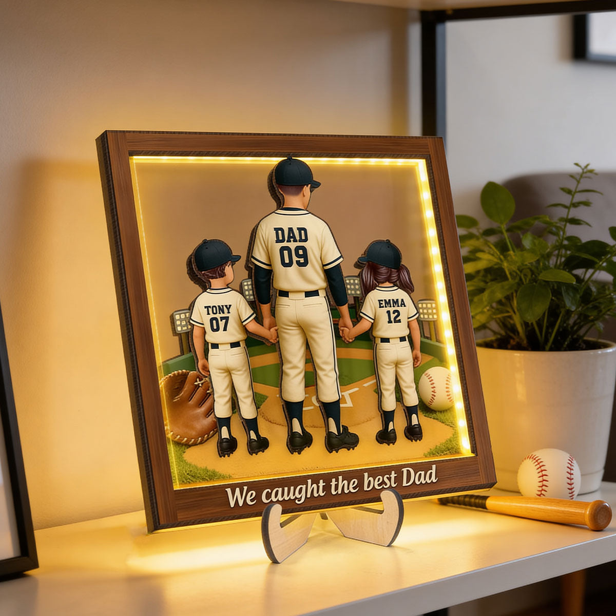 We Caught The Best Dad Baseball - Personalized Wooden Frame With LED - Heartfelt Gift For Baseball Dad