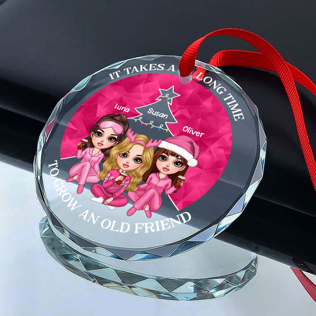 Pink Christmas Besties Sister Christmas Tree Personalized Glass Ornament