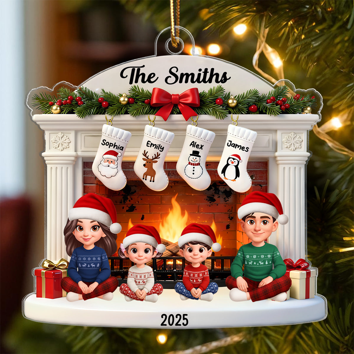 3D Effect Christmas Festive Christmas Fireplace Beautiful Family Together - Personalized Acrylic Ornament - Gift For Family