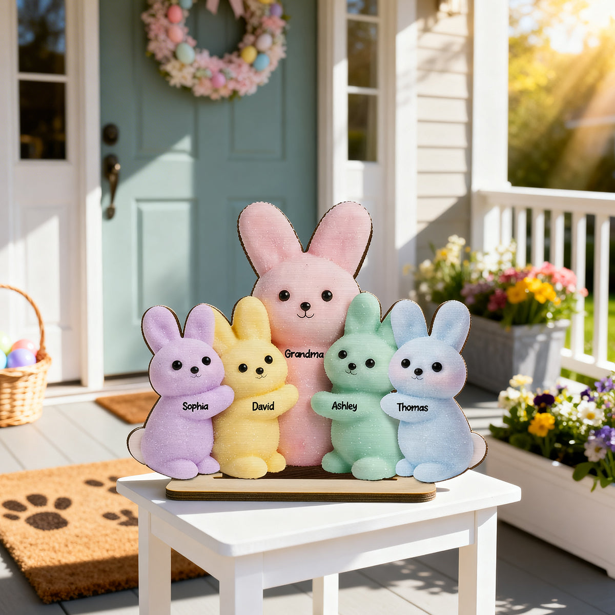 Grandma and Grandkids Bunnies - Personalized 2-Layered Wooden Plaque - Easter Decor Gift for Grandma, Mom