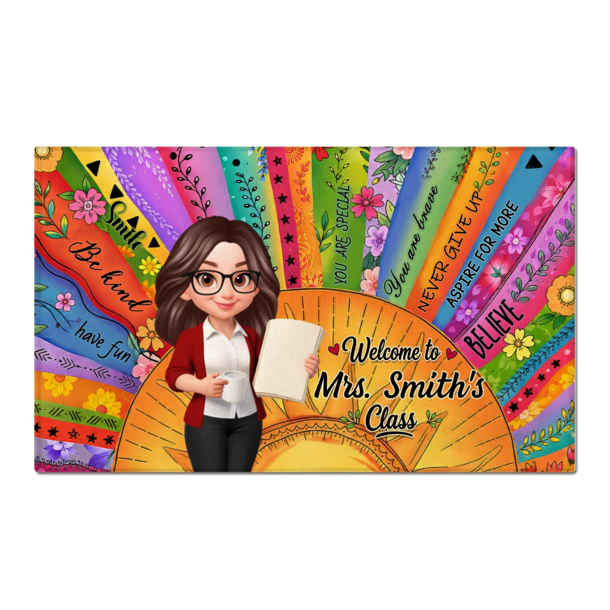 Welcome To Teacher Classroom Boho Sun Colorful Message - Personalized Doormat - Back To School Gift For Teacher