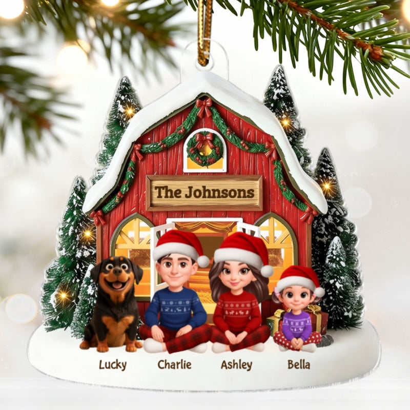3D Effect Christmas Barn House Family Sitting Together - Personalized Acrylic Ornament