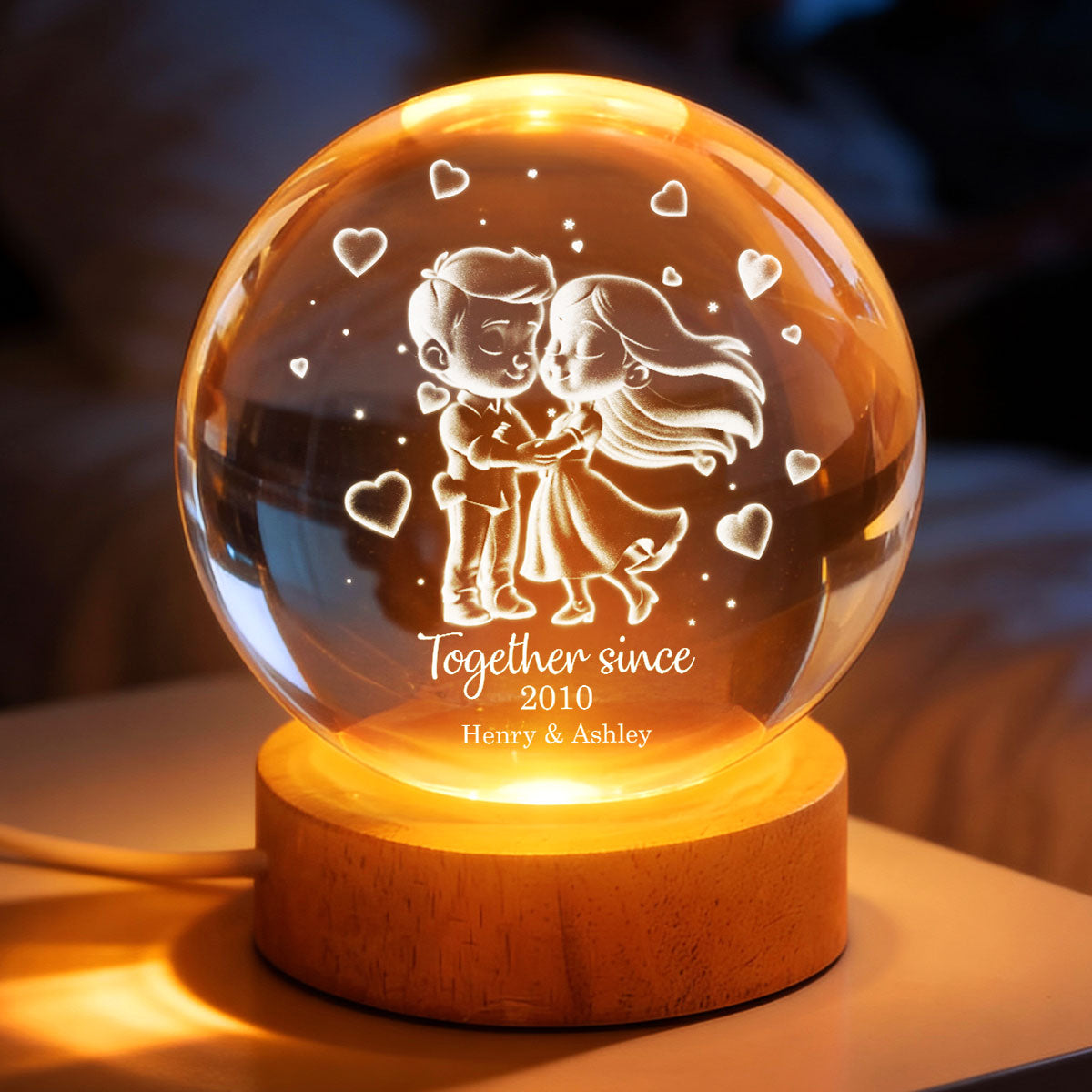 Loving Chibi Couple - Personalized Crystal Ball LED Night Light - Sentimental Valentine's Day Gift for Her, for Him