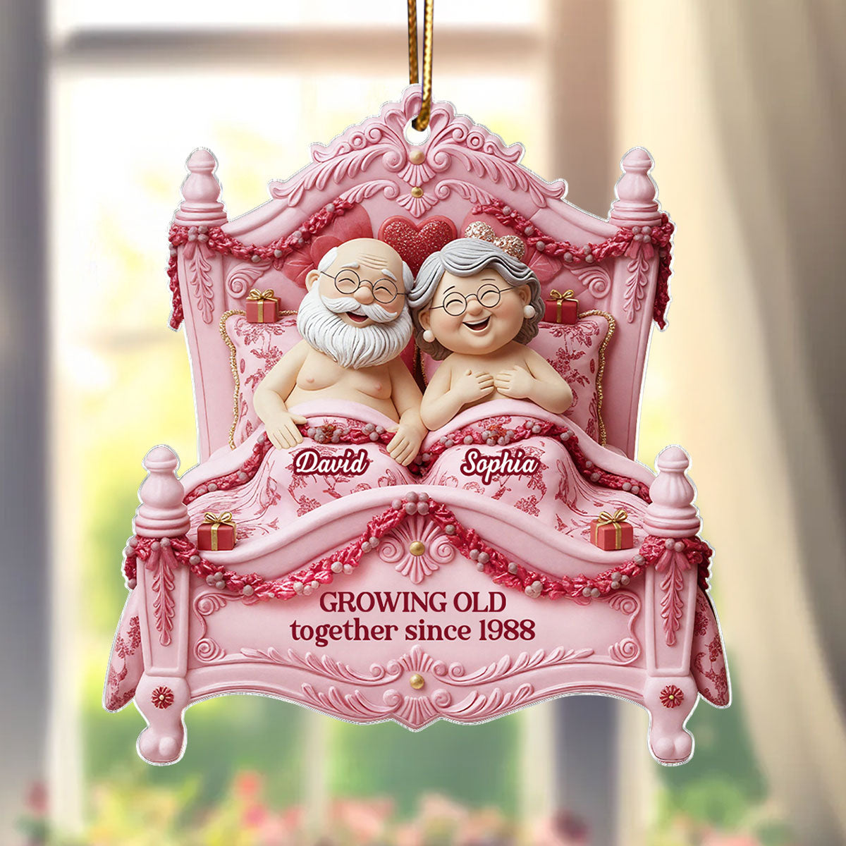 Growing Old Together Elderly Couple On Bed - Personalized Acrylic Ornament - Gift for Couple, for Her, for Him
