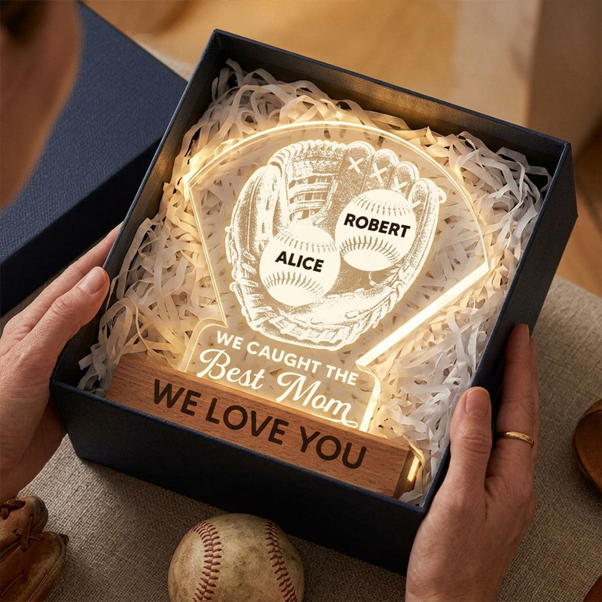 Baseball Glove We Caught The Best Mom - Personalized Acrylic Block LED Night Light - Mother's Day Gift For Baseball Mom