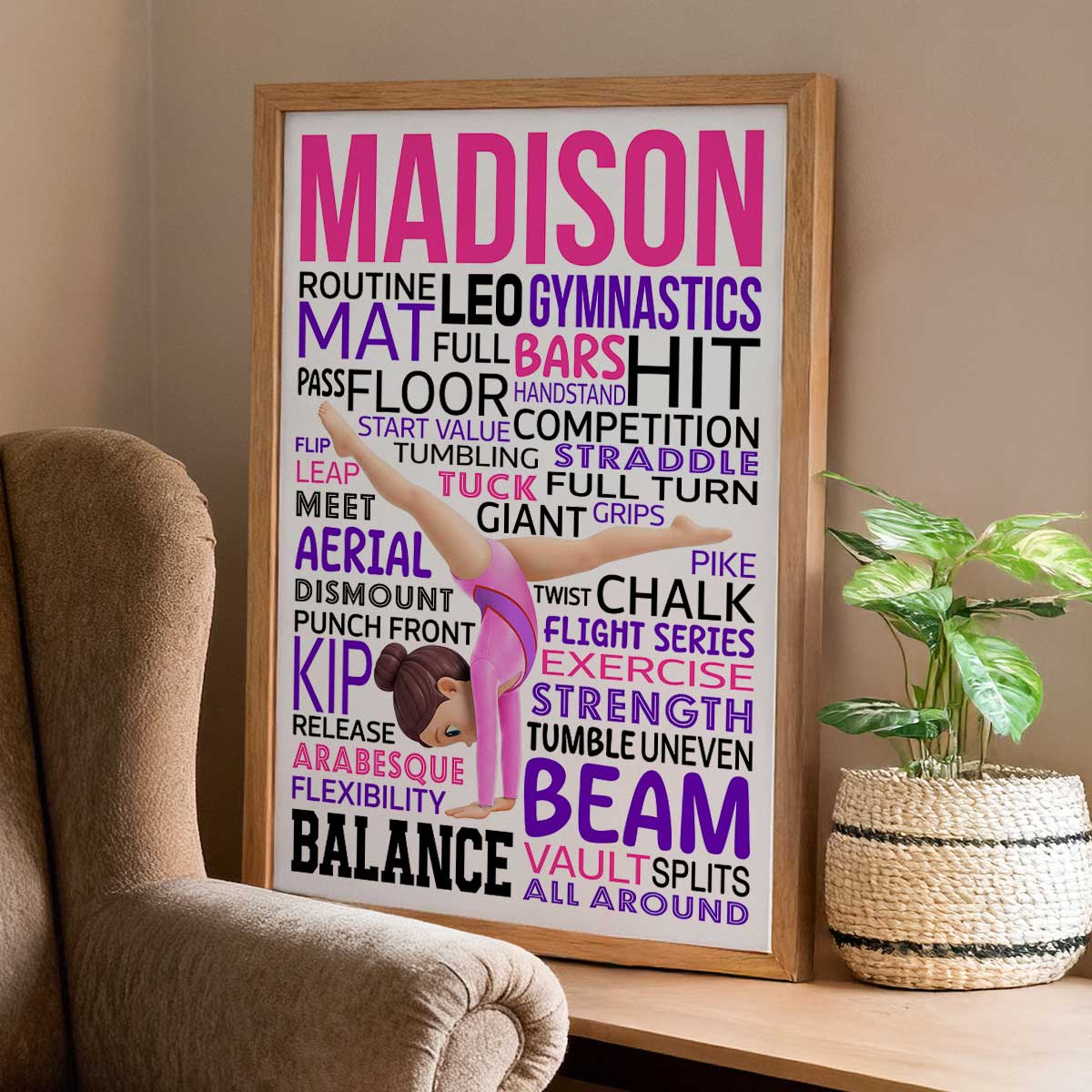 Typography Art Gymnastic Girl Cartwheel Pose - Personalized Poster - Gymnast Gift For Daughter, Granddaughter