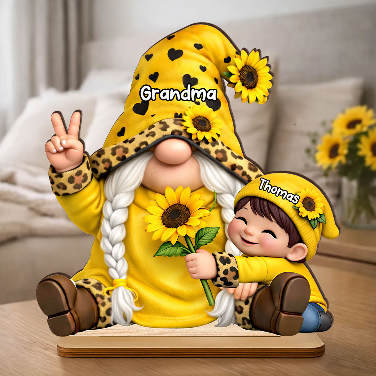 Gnome Grandma & Grandkids Sunflower - Personalized 2-Layered Wooden Plaque - Sentimental Mother's Day Gift for Grandma
