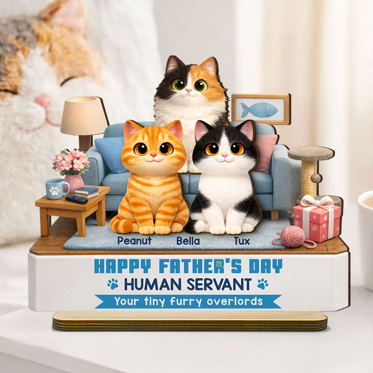 Cat Dad Cute Fluffy Cats Happy  Human Servant - Personalized 2-Layered Wooden Plaque - Funny  Gift For Cat Dad, Cat Lovers