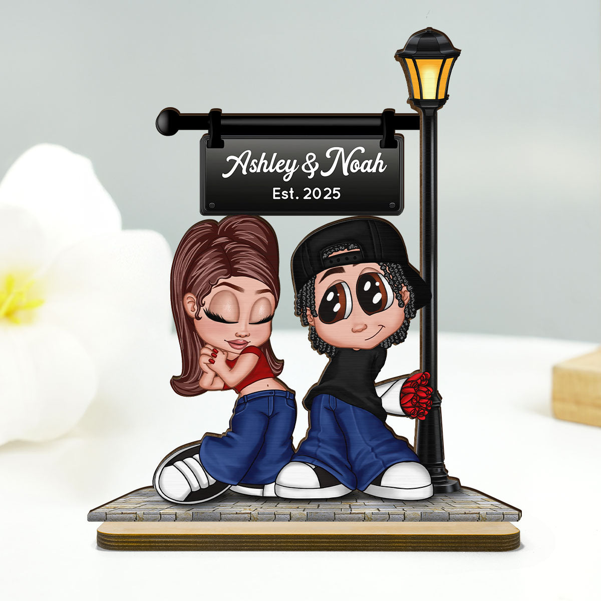Eternal Love Y2K Couple Under Street Lamp Post - Personalized 2-Layer Wooden Plaque - Gift For Couple, Gift For Him, For Her