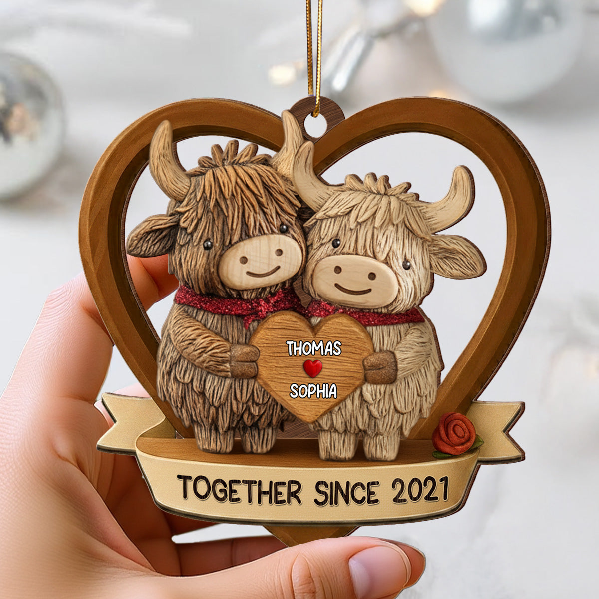 3D Effect Highland Cows Couple - Personalized Wooden Ornament - Gift For Him, Gift For Her