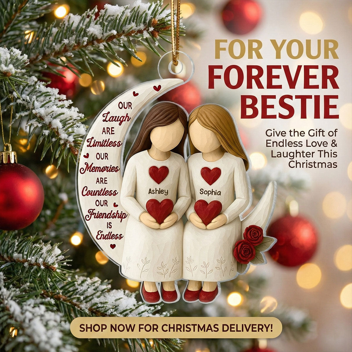3D Effect Roses Besties On Moon - Personalized Acrylic Ornament - Christmas Gift For Best Friends