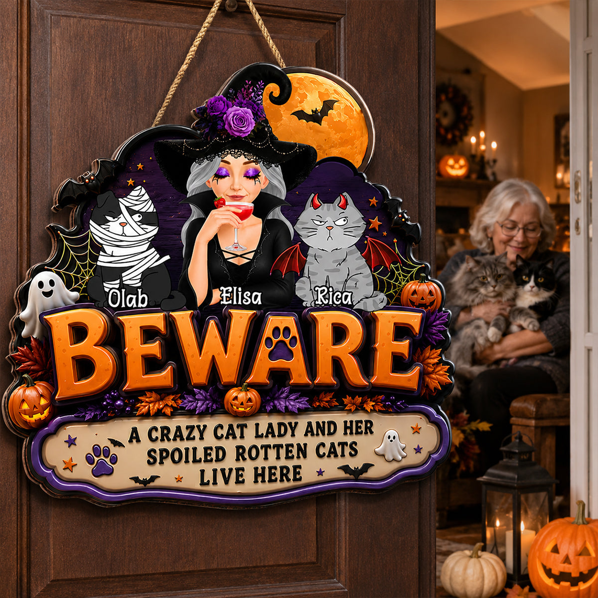 A Crazy Cat Lady And Her Spoiled Rotten Cats Live Here - Personalized Wood Sign - Halloween Decor Gift, Gift For Cat Lovers