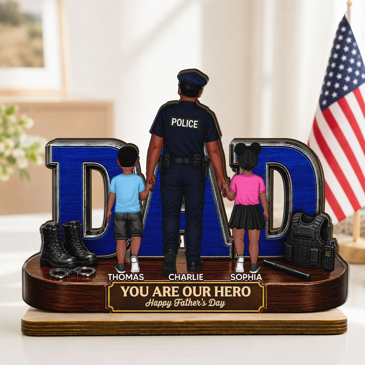 Proud American Police Dad You Are Our Hero - Personalized 2-Layered Wooden Plaque -  Gift For Dad