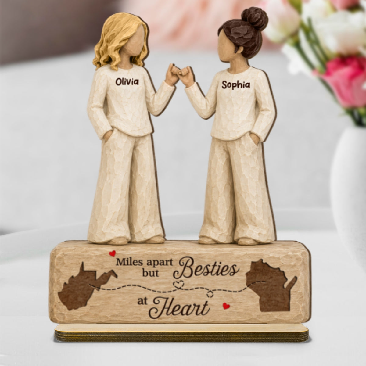 Pinky Promise Miles Apart Besties At Heart 2D Flat - Personalized 2-Layered Wooden Plaque - Birthday Gift, Long Distance Friendship Gift for Best Friends