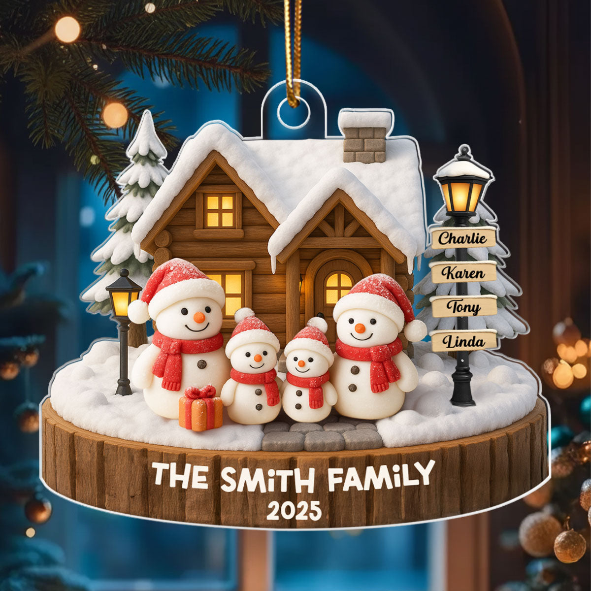 Snowman Family Sign Post Custom Name - Personalized Acrylic Ornament - Christmas Gift for Family