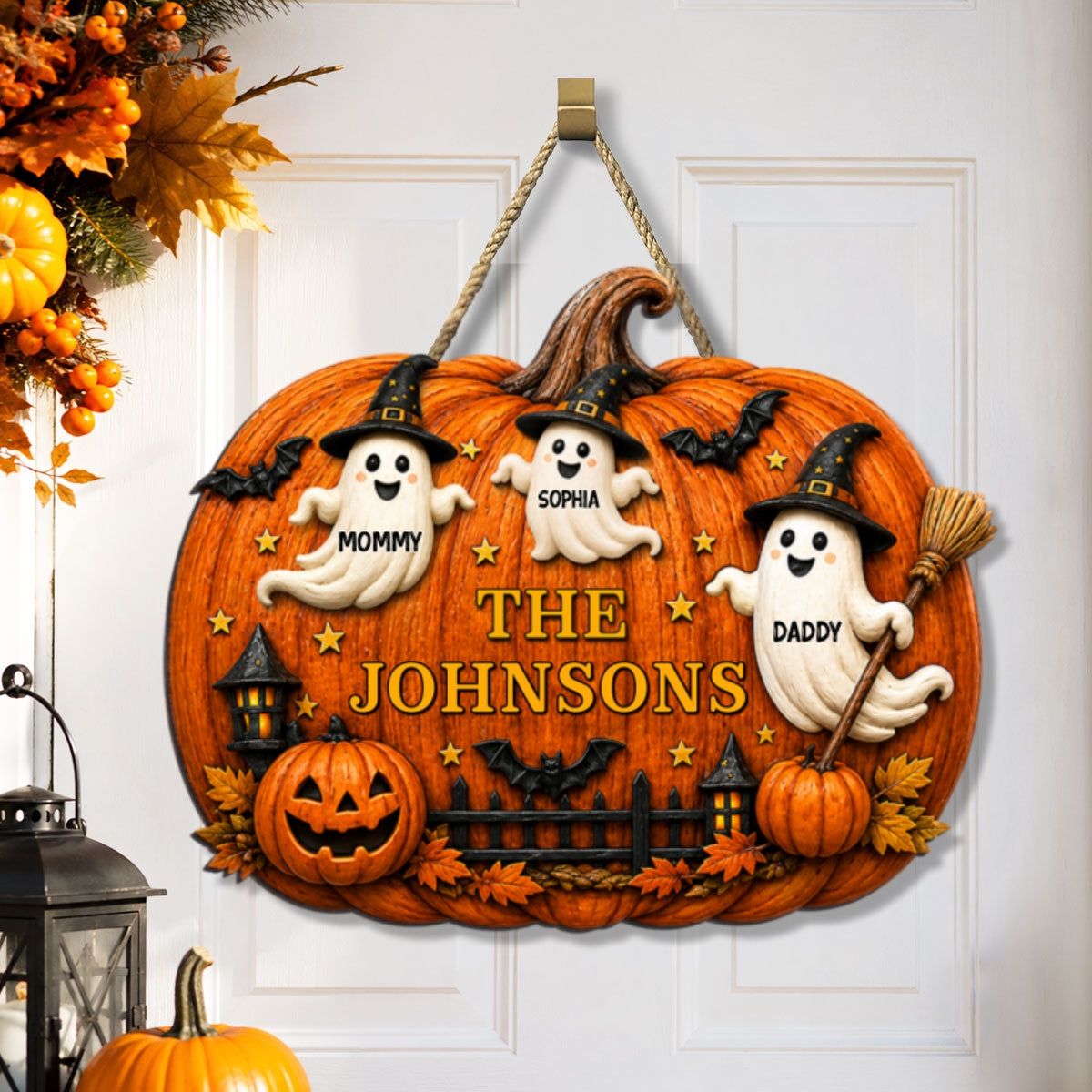 Halloween Family Ghost Pumpkin - Personalized Wood Sign - Halloween Decor Gift, Gift For Family