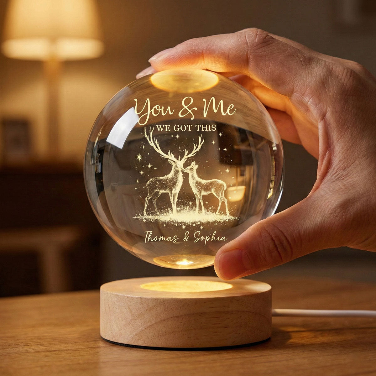 Eternal Love Deers Couple - Personalized Crystal Ball LED Night Light - Valentine's Day Gift For Couple, Hunters, For Her, For Him