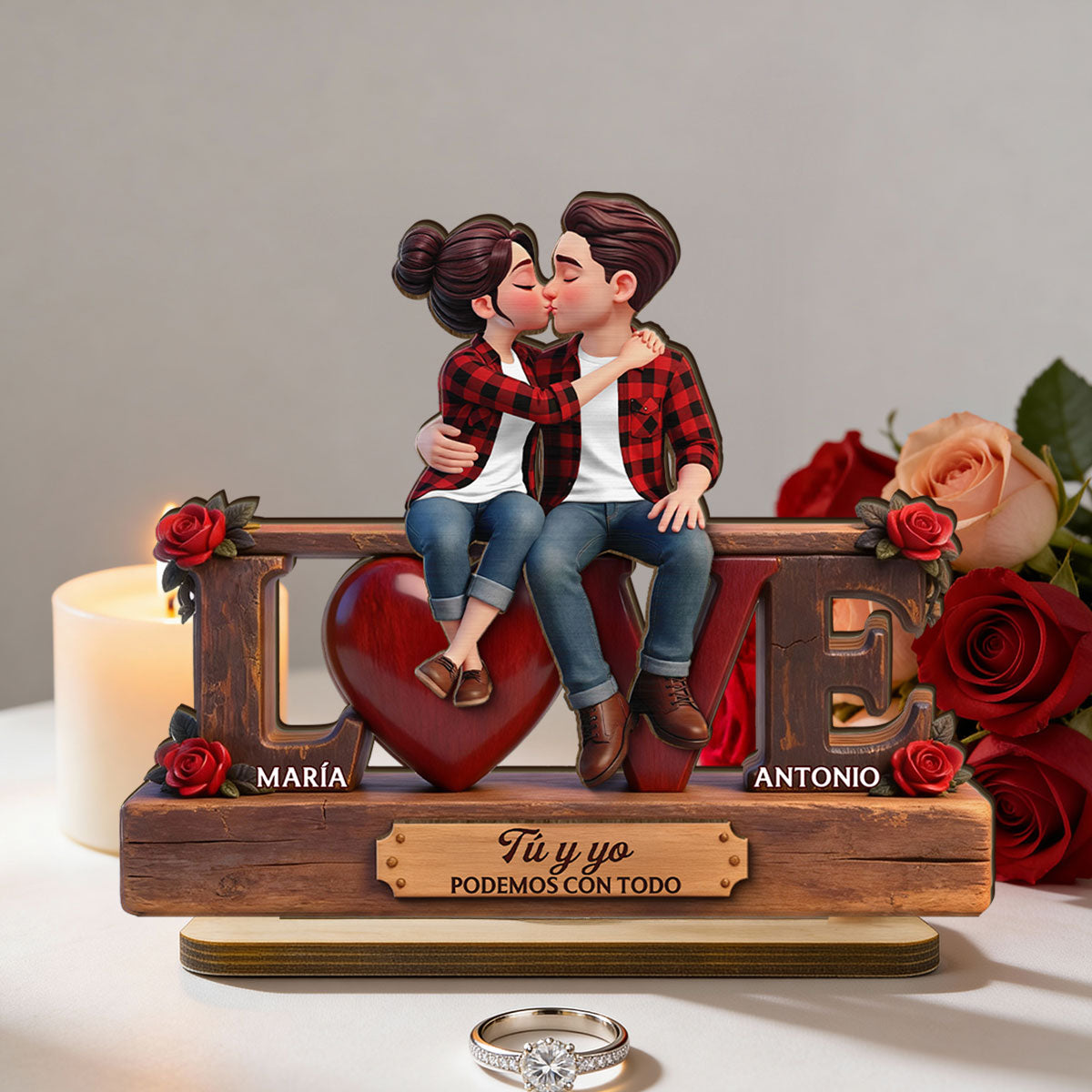 Roses LOVE Spanish Couple Sitting Kissing - Personalized 2-Layered Wooden Plaque - Heartfelt Gift For Couple
