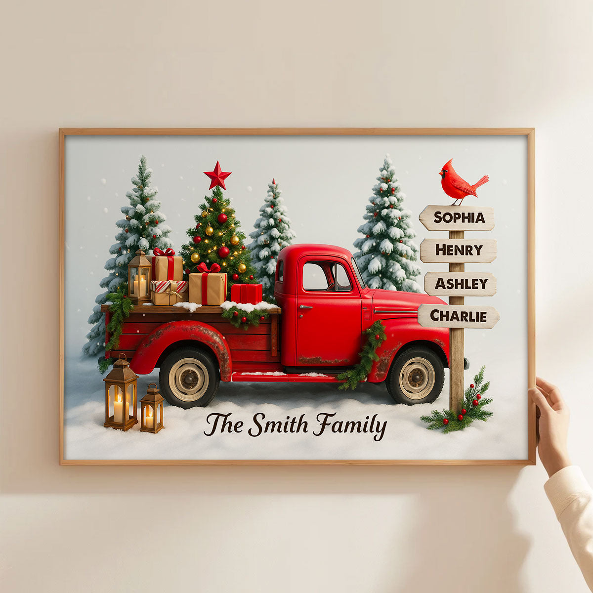 Red Christmas Truck Custom Family Name Sign Post - Personalized Poster - Christmas Gift for Family