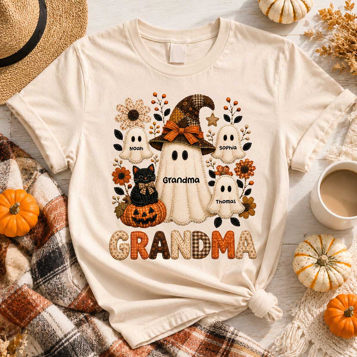 Cute Grandma Boo Witch Fall Season Halloween Faux Patchwork Pattern Coquette - Personalized Shirt - Halloween Gift For Grandma