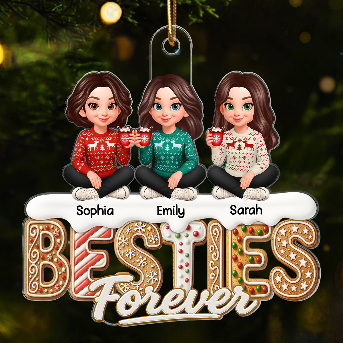 3D Effect Gingerbread Besties Forever - Personalized Acrylic Ornament - Gift For Besties