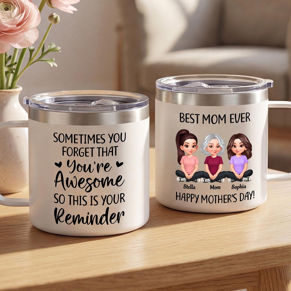 Sometimes You Forget That You're Awesome Mom - Personalized Stainless Steel Tumbler with Handle - Mother's Day Gift For Mom Grandma