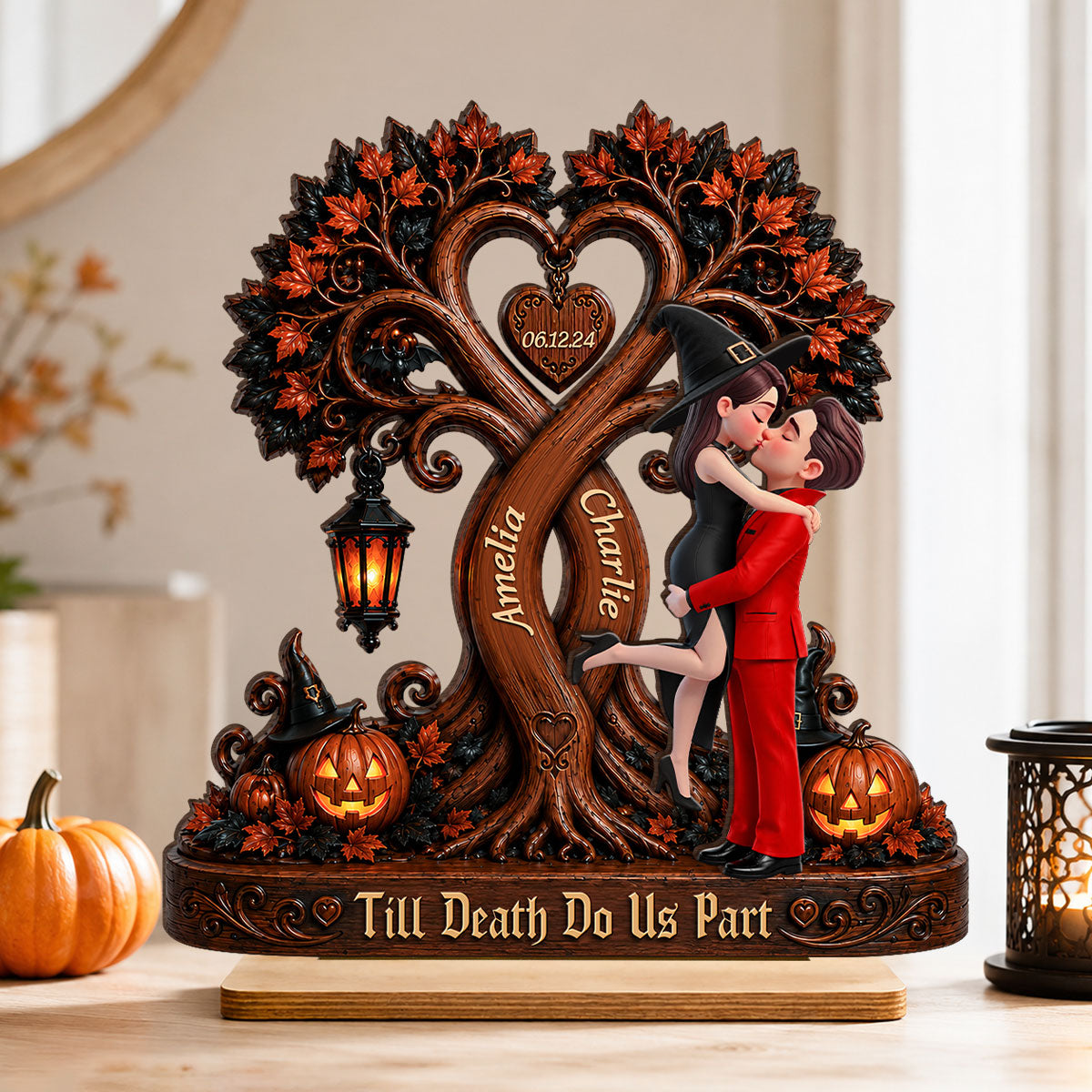 Couple Kissing Under Halloween Tree - Personalized 2-Layered Wooden Plaque - Halloween Decor for Her, for Him