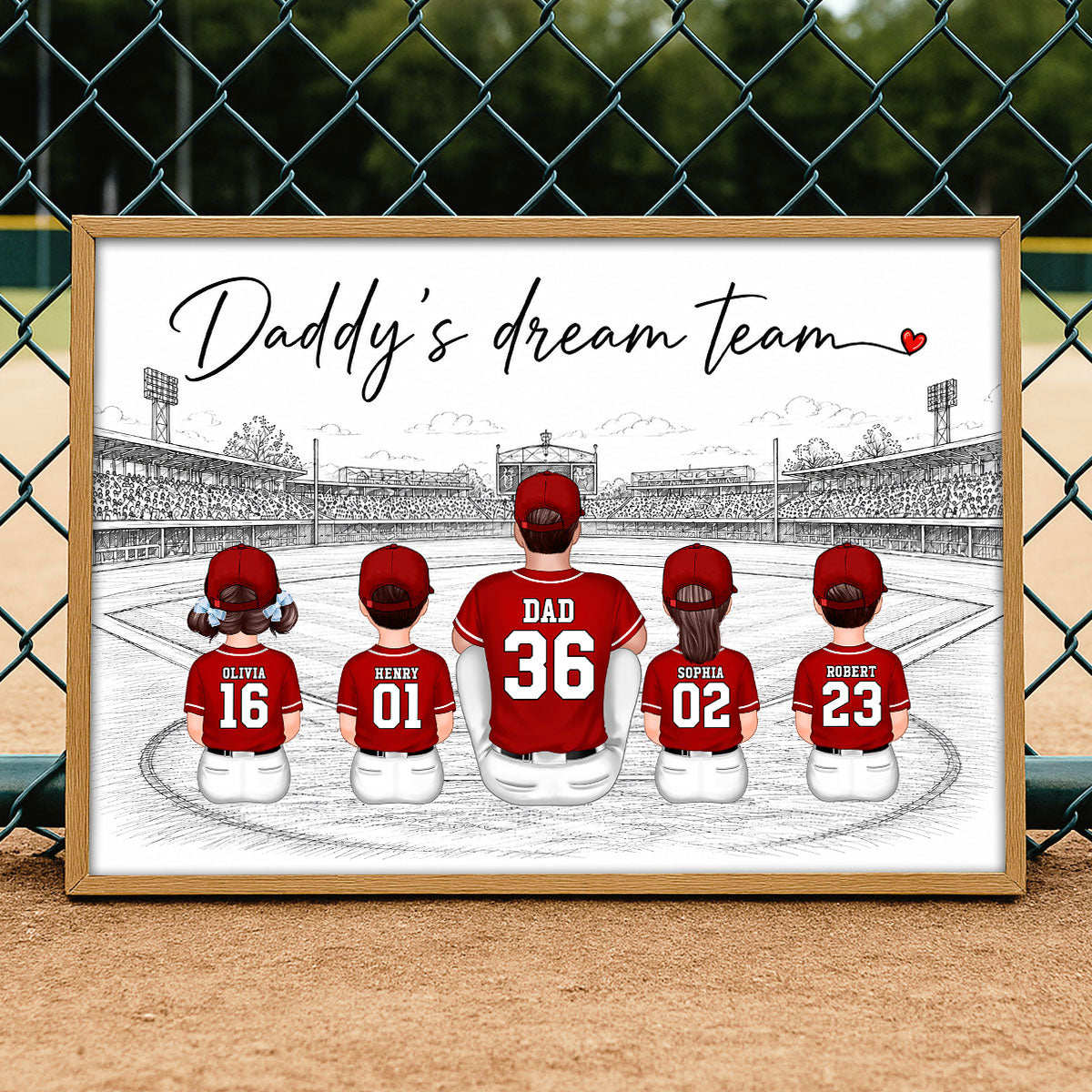 Sketch Style Baseball Family Daddy's Dream Team - Personalized Poster - Father's Day Gift For Dad, Husband