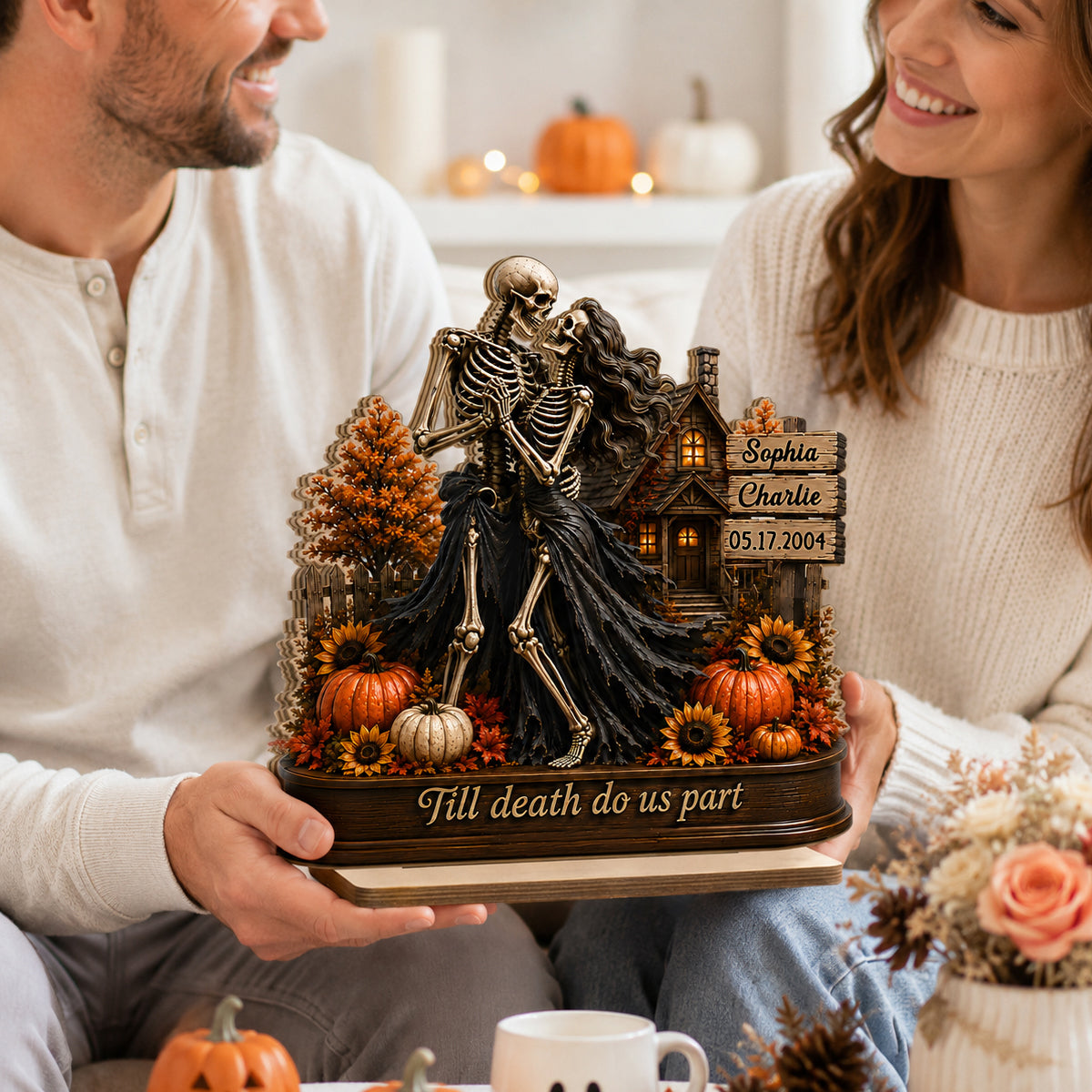 Till Death Do Us Part Fall Season Couple - Personalized 2-Layered Wooden Plaque - Fall Decor for Her, for Him