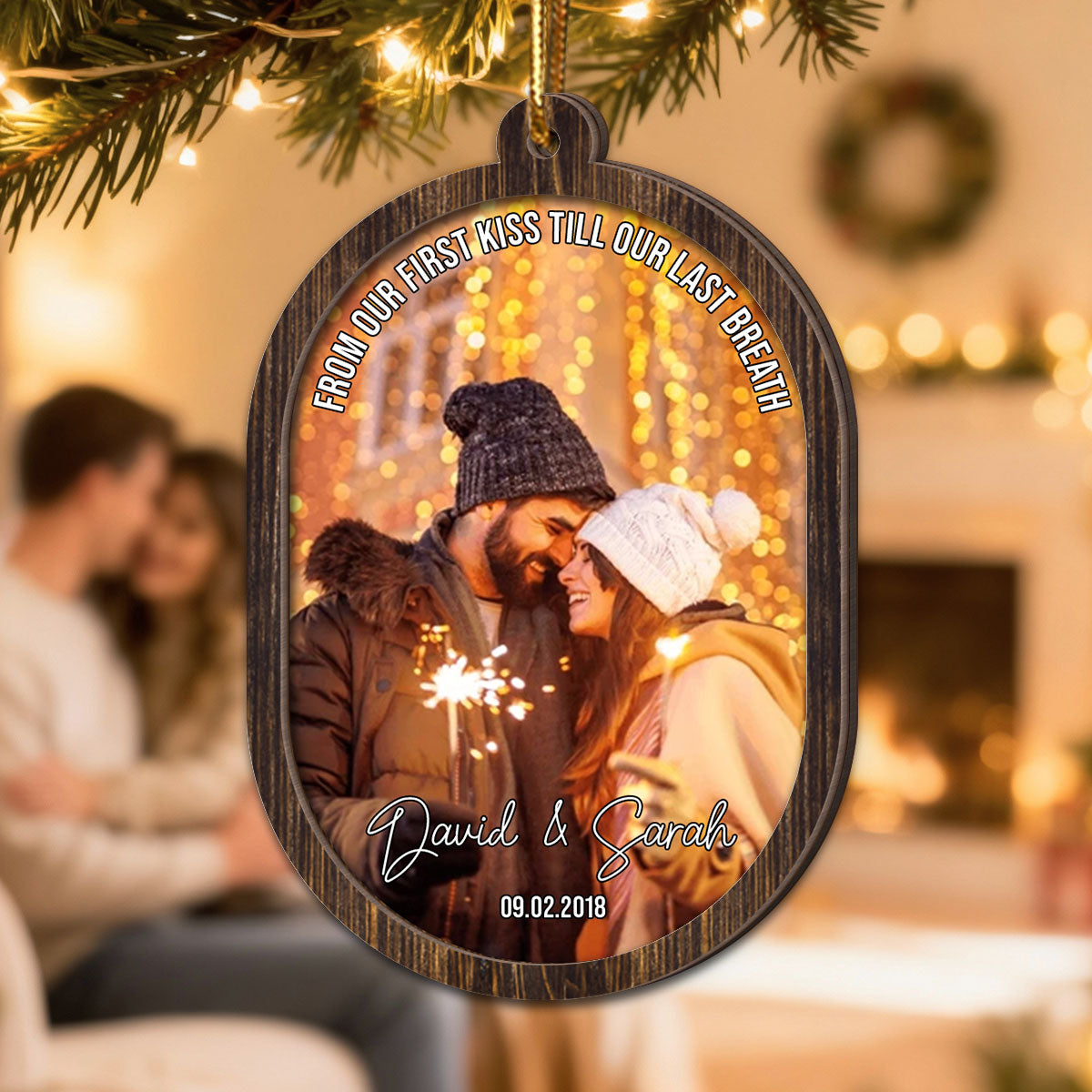 Couple Upload Photo Christmas - Personalized 2-Layered Wooden Ornament