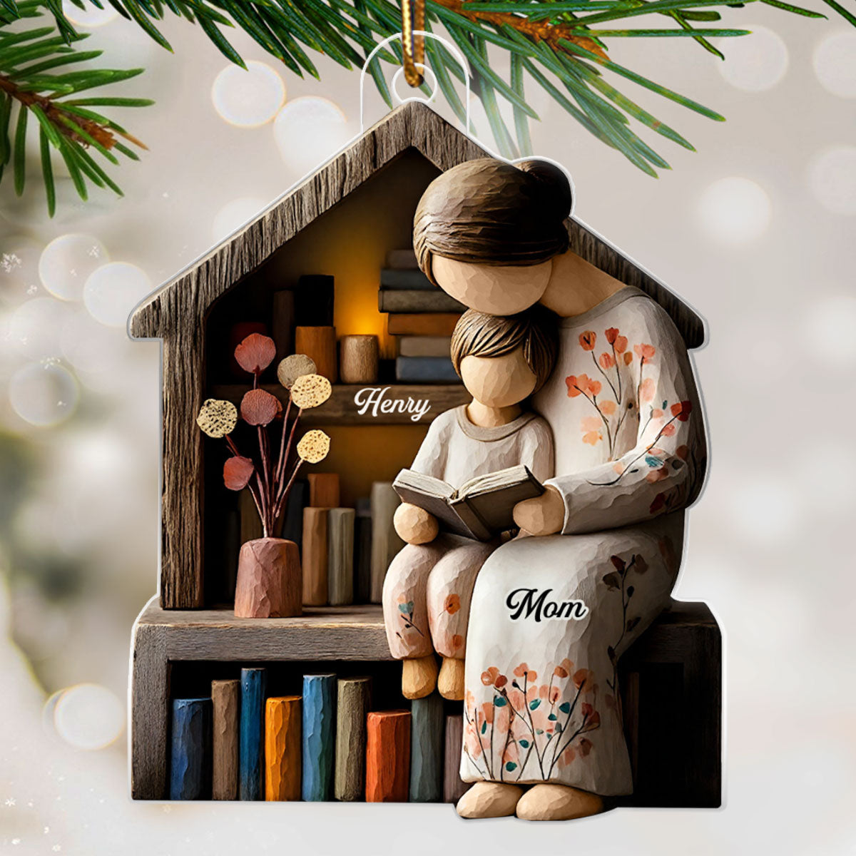 Mom And Daughter Son Reading Book Faux Wood - Personalized Acrylic Ornament - Heartwarming Christmas Gift For Mom, Family