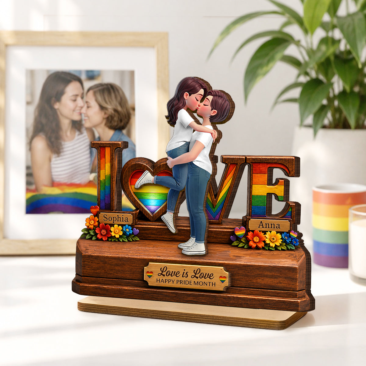 Rose Love LGBT+ Couple - Personalized 2-Layered Wooden Plaque - Gift For Couple, Happy Pride Month