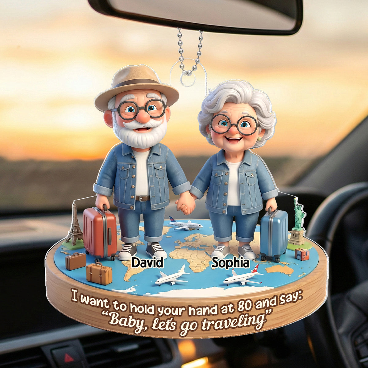 3D Effect Old Couple Baby Let's Go Traveling  - Personalized Acrylic Car Hanger - Sentimental Gift for him, for her