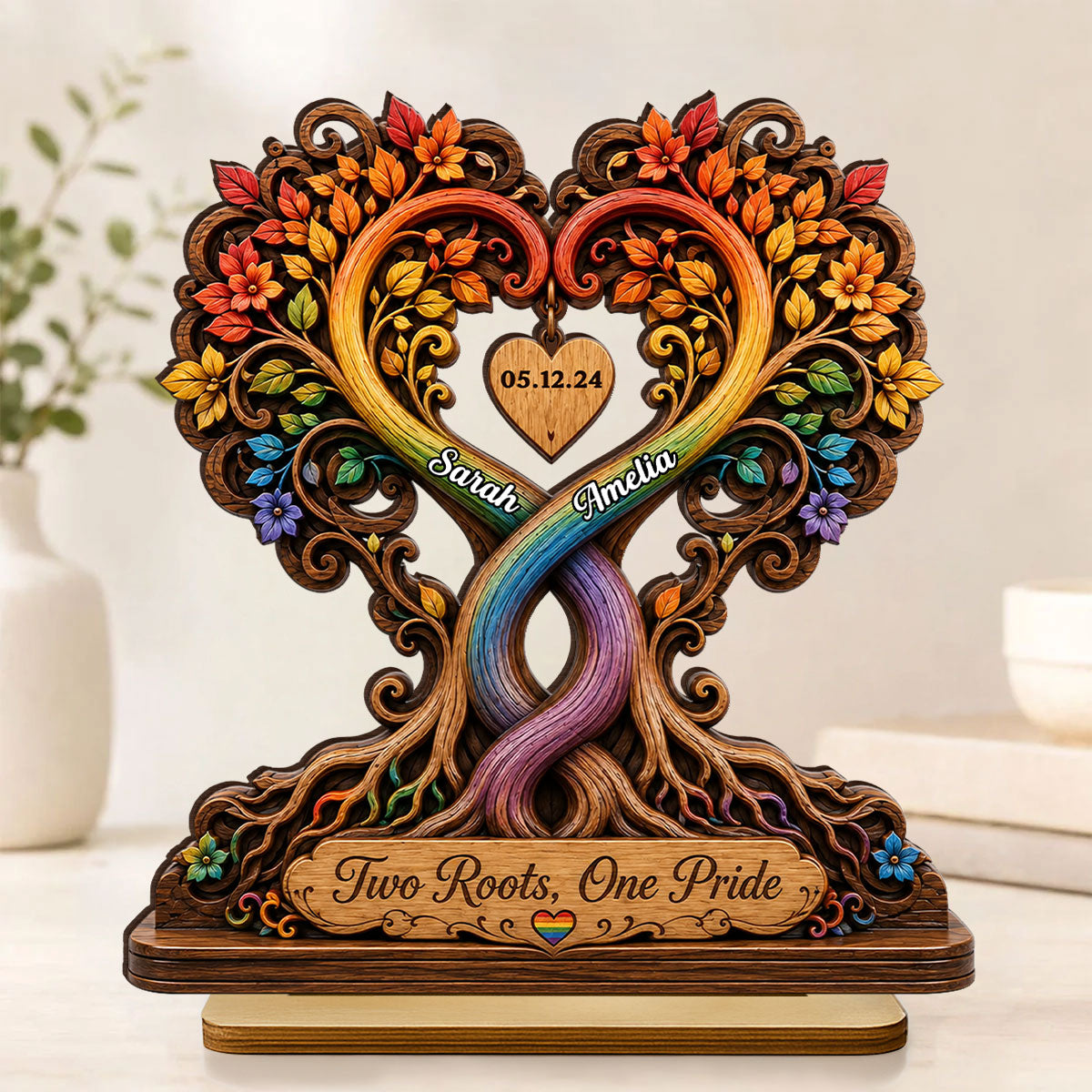 Two Roots One Pride LGBTQ+ Couple - Personalized 2-Layered Wooden Plaque - Heartfelt Anniversary Gift for Her, for Him