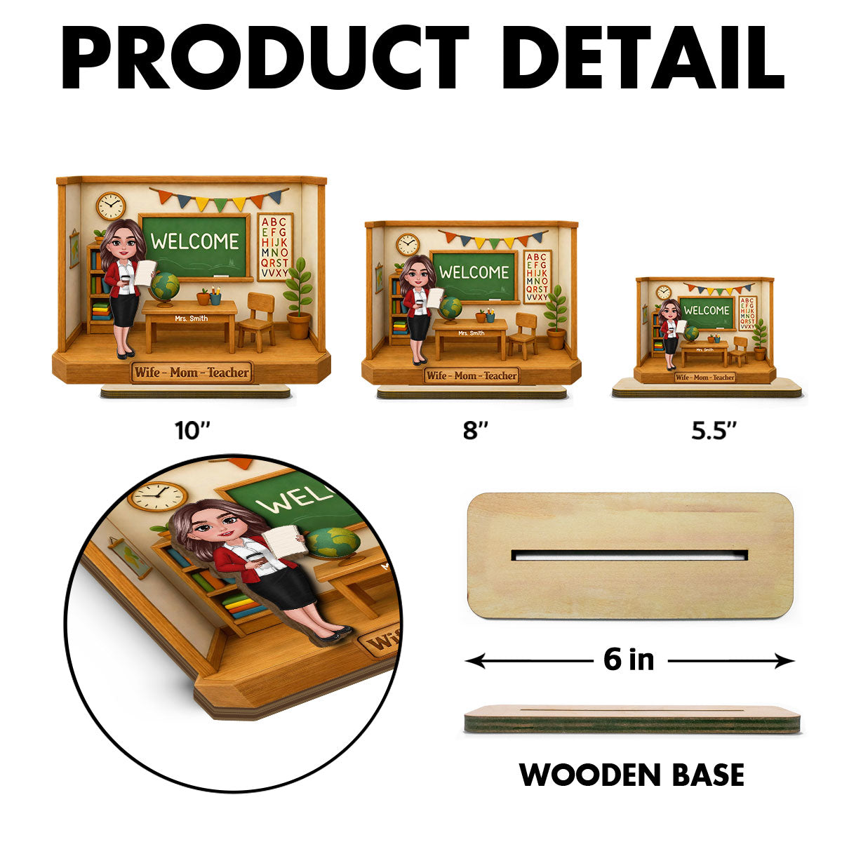 Wife Mom Teacher - Personalized 2-Layered Wooden Plaque - Gift For Teacher Mom