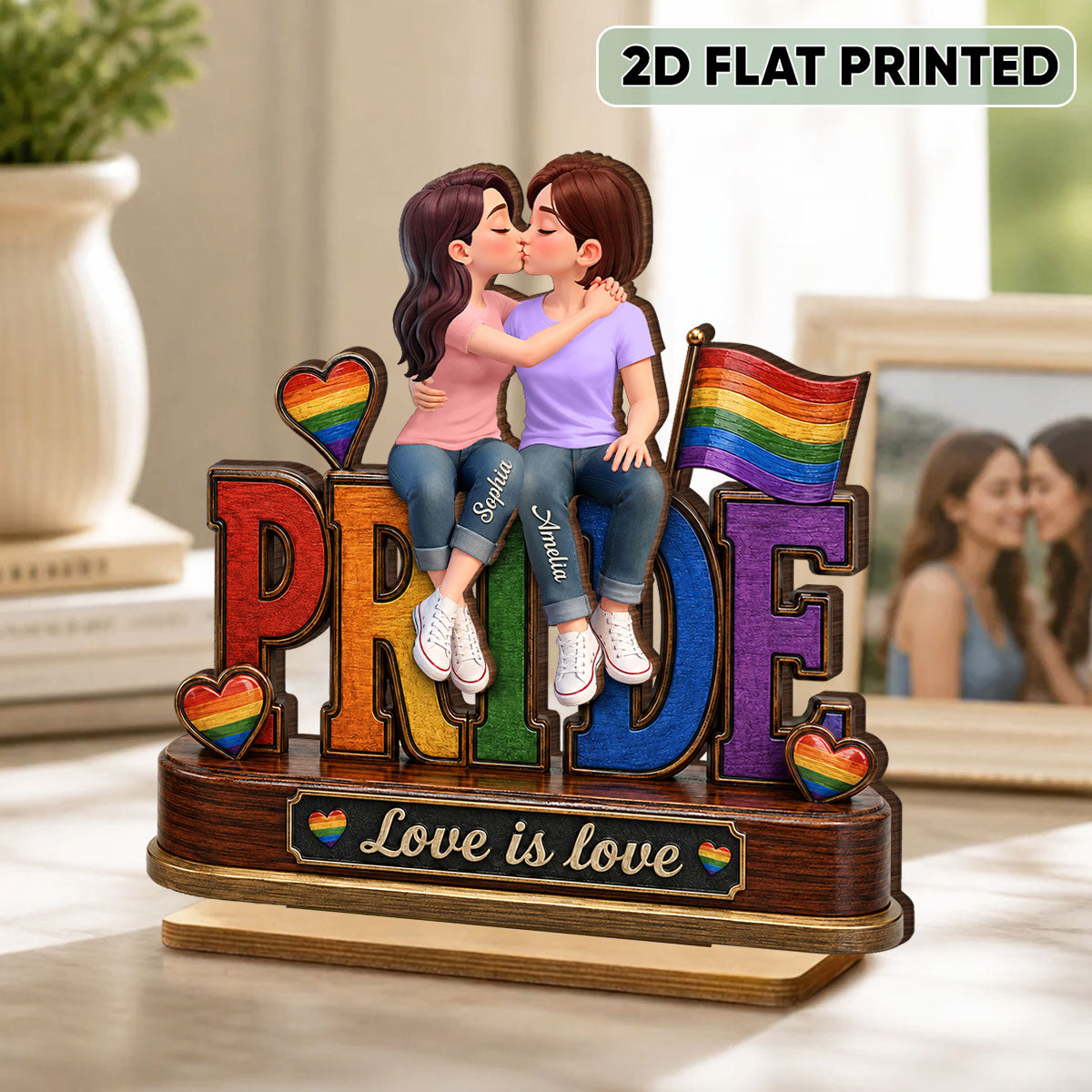 LGBT Couple Pride Love is Love - Personalized 2-Layered Wooden Plaque - Heartfelt Gift for Her, Gift for Him