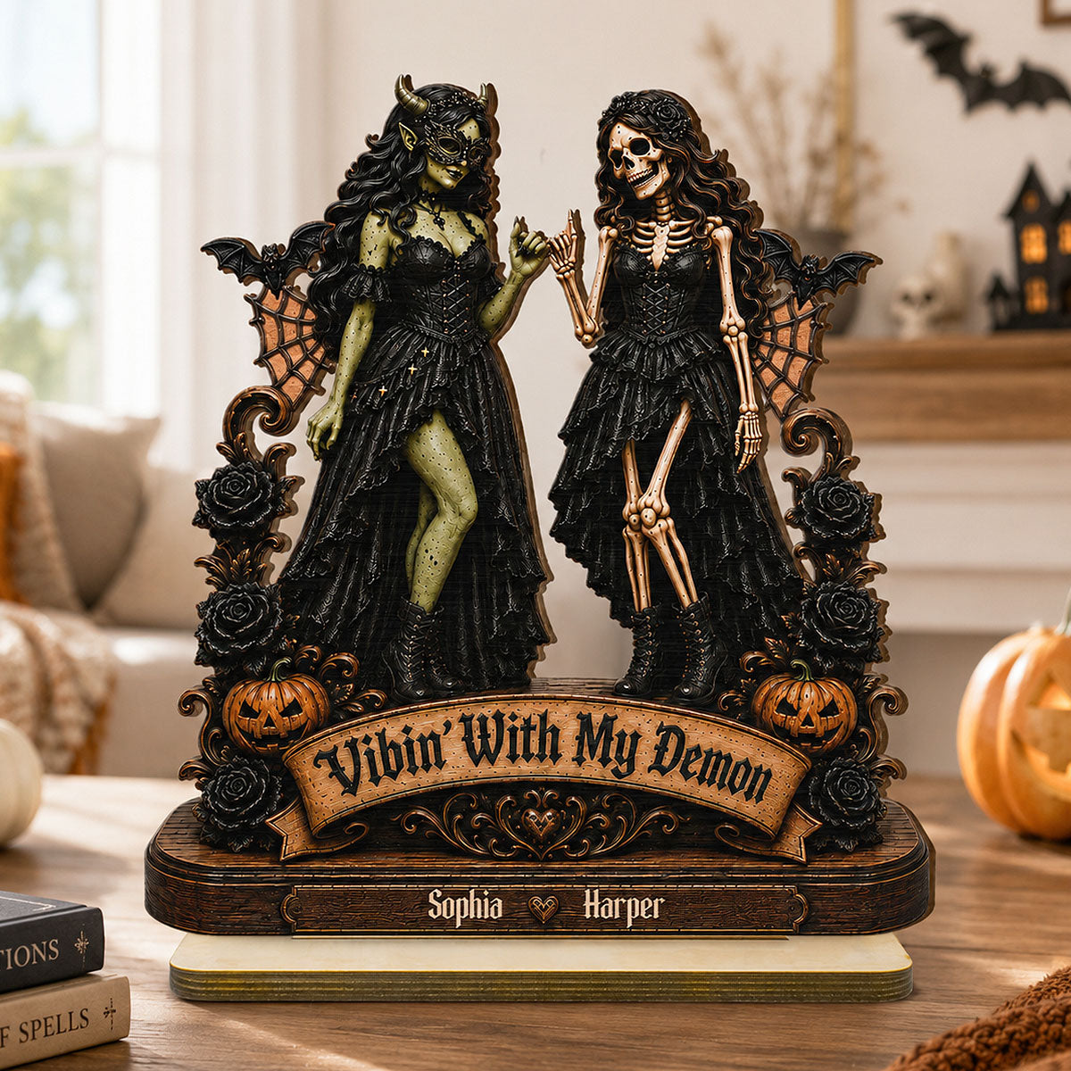 Vibin' With My Demon 2D Flat - Personalized Wooden Plaque - Halloween Decoration, Friendship Keepsake