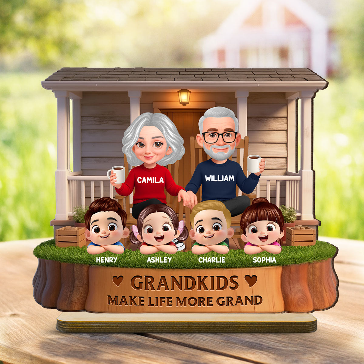 Grandkids Make Life Grand Grandparents On The Front Porch - Personalized 2-Layered Wooden Plaque - Gift for Grandma, Grandpa