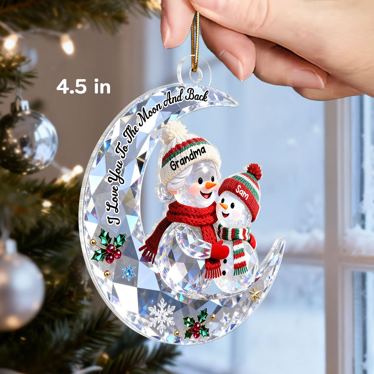 3D Shining Effect Grandma Grandkid Snowman On Moon - Personalized Acrylic Ornament - Heartwarming Gift For Granddaughter, Grandson