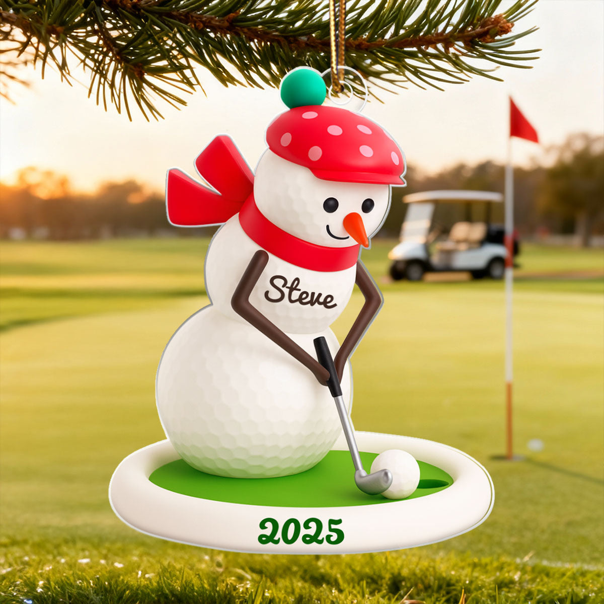 Snowman Playing Golf - Personalized Acrylic Ornament - Christmas Gift for Golfer