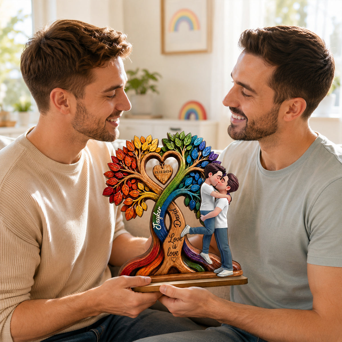 LGBT Couple Kissing Under Tree - Personalized 2-Layered Wooden Plaque - Heartfelt Gift for Her, Gift for Him