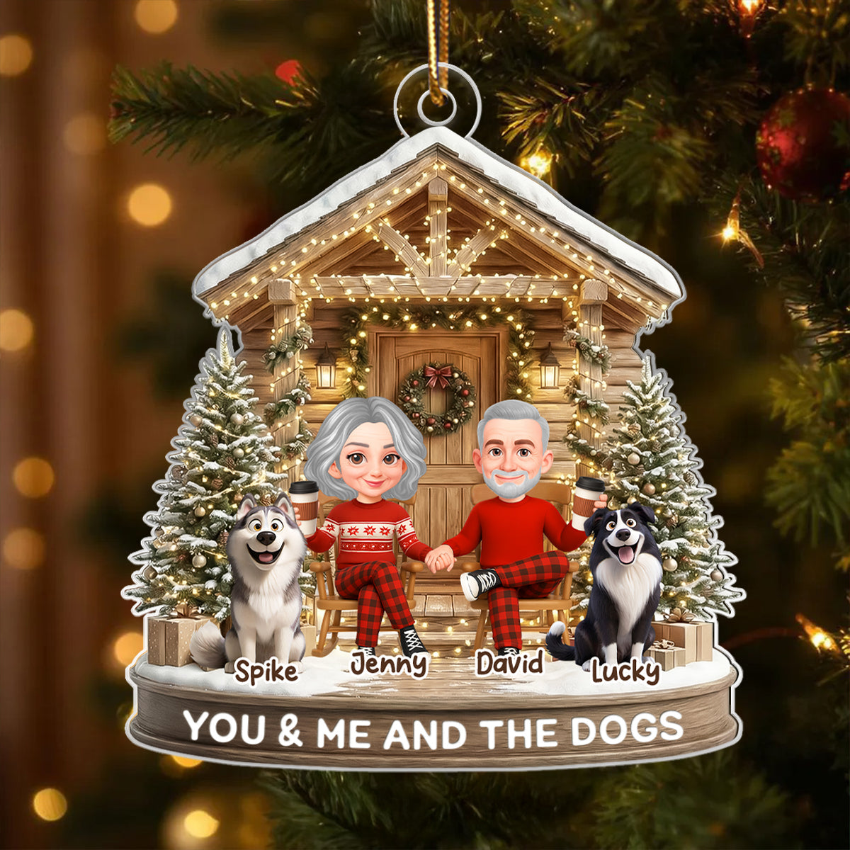 Couple And The Dogs Front Porch - Personalized Acrylic Ornament - Christmas Gift for him, for her