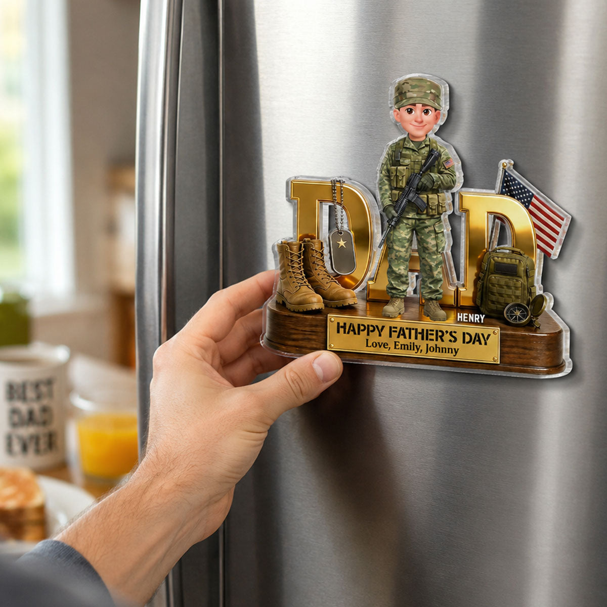 Proud American Army Millitary Dad - Personalized Acrylic Fridge Magnet - Father's Day Gift For Dad