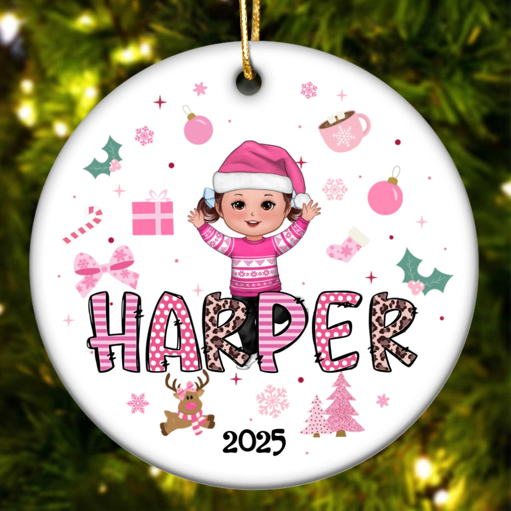 Pink Theme Cute Doll Girl Name Christmas - Personalized Ceramic Ornament - Gift For Daughter, Granddaughter