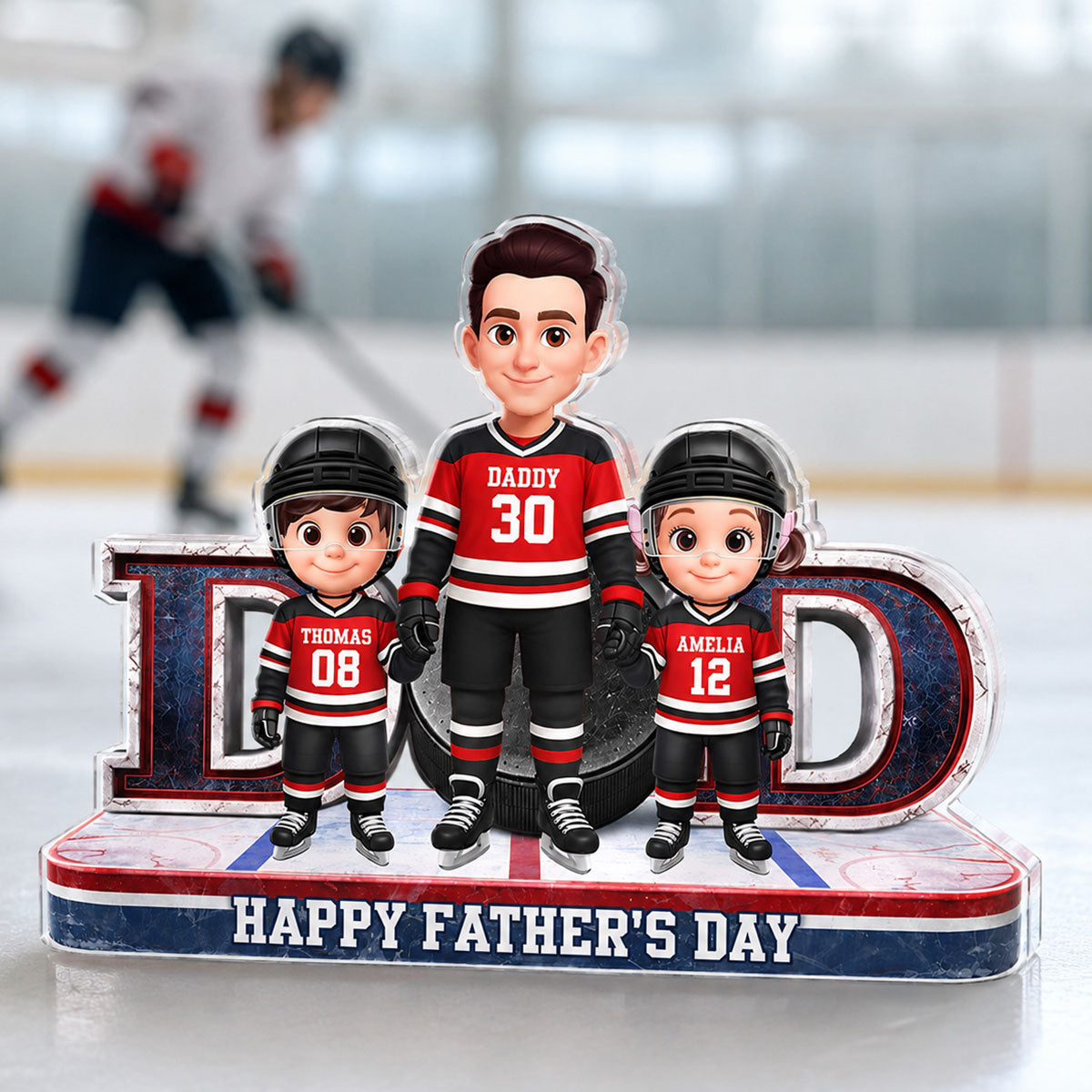 Hockey Dad And Kids Together Front View - Personalized Acrylic Block Plaque -  Gift For Dad, Husband